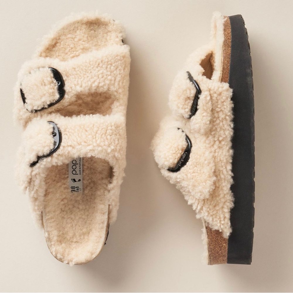 Birkenstock Cream Shearling Two-Strap Sandals